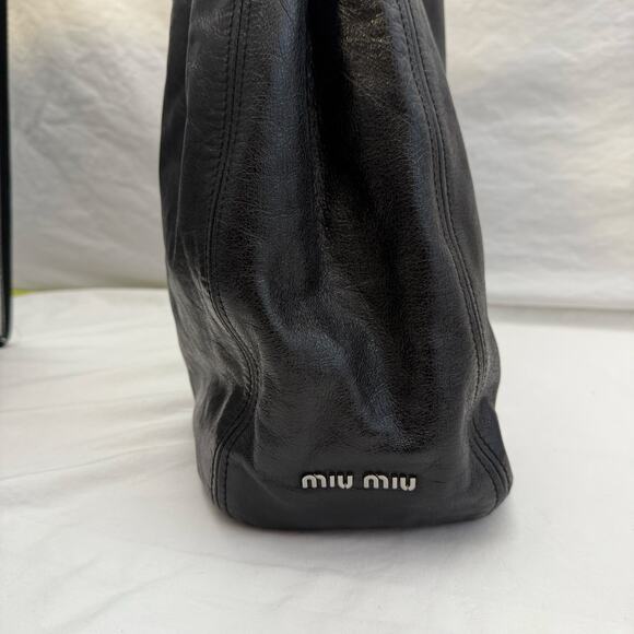 Miu Miu Designer Black Glaze Nappa Leather Silver Tone Satin Hobo Shopper Tote - Picture 4 of 13